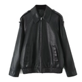 Retro black faux leather biker jacket with lapel collar and elastic hem for women - XS / Black