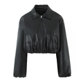 Damen Vintage braune wattierte PU-Lederjacke mit elastischem Saum und Reißverschluss - S / Schwarz