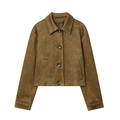 Short faux suede jacket for women in vintage olive brown with button-down collar - XS / Khaki