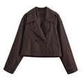 Detail view of dark brown cropped jacket with shoulder epaulets and double-breasted buttons - Chestnut