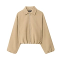 Chaqueta bomber beige elegante con cremallera, cuello de solapa y dobladillo elástico - XS / Caqui