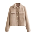 Short beige wool jacket with notched lapels and large pockets featuring gold buttons - XS / Khaki