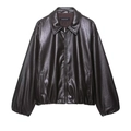 Damen Vintage Kunstleder Bomberjacke in Dunkelbraun mit Revers und Reißverschluss - XS / Dunkelbraun
