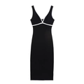 Elegant sleeveless V-neck black midi dress with white scallop lace trim for women - S / Black