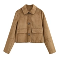 Women's autumn brown suede jacket with lapel collar and button-up front pockets - XS / Khaki