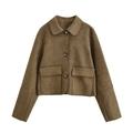 Women's brown faux suede cropped jacket with lapel collar and chest pockets for autumn - XS / Army Green