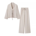 Damen Lounge-Set in Haferflockenfarbe mit Bindecardigan und Hose mit weitem Bein - XS / Silber
