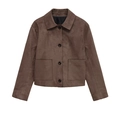 Giacca corta da donna in finto scamosciato marrone scuro con colletto a revers e tasche - XS / Marrone