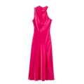 Elegantes fuchsiafarbenes Satin-Midikleid mit Wasserfallausschnitt und Schlitz - XS / Rosarot
