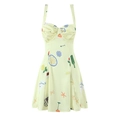 Slim fit pale yellow floral satin dress with vintage prints and sweetheart neckline - S / Light Yellow