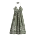 Bohemian olive green halter backless midi dress with white paisley embroidery details - XS / Army Green