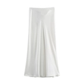 Detailed view of the smooth pearl white satin fabric and high-gloss texture of the long skirt - XS / White