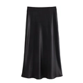 Detail of elegant black silk satin high waist midi skirt showing fabric sheen and drape - XS / Black