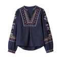 Chemisier bleu marine à col en V avec broderie ethnique colorée et manches bouffantes - S / Noir