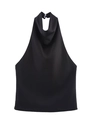 Dettaglio dell'elegante top nero in satin a lupetto con chiusura a bottoni sul retro - Taglia S / Nero