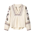 Blouse femme col V à manches longues avec broderie ethnique et détails bohème chic - S / Beige