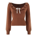 Women's chic caramel brown slim knit sweater with lace neckline and ribbon bow tie - S / Brown