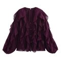 Detailed close-up of layered ruffles and V-neckline on this deep purple chiffon shirt - XS / Burgundy