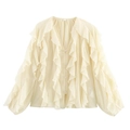 Detail view of cream V-neck shirt featuring elegant ruffled layers and button closure - XS / Off White
