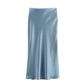 Detail of elegant dusty blue satin midi skirt showing smooth silk texture and sheen - XS / Grey Blue