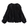 Detail view of black chiffon V-neck shirt featuring ruffled layers and button closure - XS / Black