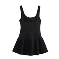 Black sleeveless mini dress with square neck and layered pleated hem design - XS / Black