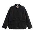 Detail of black quilted jacket featuring ribbed collar and leopard print inner lining - S / Black