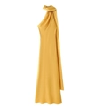 Elegante mosterdgele satijnen maxi-jurk met halternek en gedrapeerde plooitjes - S / Geel