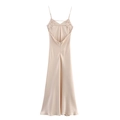 Elegant champagne gold satin midi dress featuring a sleek backless cross-strap design - Khaki