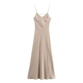 Detail of champagne satin midi dress showing the sleek V-neckline and delicate spaghetti straps - Dark Khaki