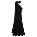 Elegant black satin halter dress with waist cutout and long flowing neck ribbon - Black