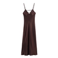 Detail of deep brown satin midi dress showing V-neck design and delicate silk texture - Wine Red