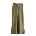 Elegant olive green high waist satin maxi skirt with a glossy finish and fluid drape - Tea Green