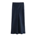 Elegant high waist navy blue satin maxi skirt with smooth silky texture and drape - Navy Blue