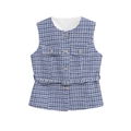 Blue tweed vest jacket with floral metal buttons and decorative belt for women - Sapphire Blue