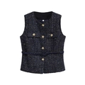 Navy tweed vest with gold thread weaving and rose embossed buttons for women - S / Black