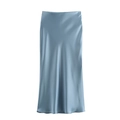 Close-up detail of light blue satin midi skirt with smooth silky texture and high waist - Grey Blue