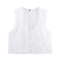 Women's white sleeveless V-neck cotton blouse with delicate lace and floral embroidery - XS / White