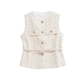 Women's cream tweed vest with gold buttons and matching waist belt in a vintage style - S / Milky White