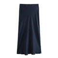 Elegant black A-line satin midi skirt with silky glossy texture and high waist - Sapphire Blue