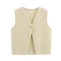 Schicke beige Damen-Strickweste mit V-Ausschnitt und dekorativem goldfarbenem Knopf - S / Dunkelgelb