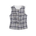Women's blue and white tweed vest with gold buttons and adjustable waist belt - Gray