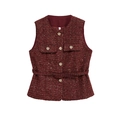 S-size burgundy tweed vest for women featuring sequins and gold flower buttons - Burgundy