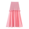 Gonna midi estiva rosa in maglia con balze e texture in chiffon plissettato elegante - S / Gonna Rosa