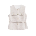 Chic cream tweed vest for women with golden buttons and waist belt in a slim fit style - White