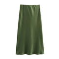 Elegant high-waisted olive green satin maxi skirt with smooth silk texture and A-line drape - Green