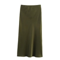 Elegant olive green satin midi skirt with elastic waist and silky flowing texture - Dark Green