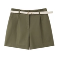 Women's army green high-waisted shorts with pleated design and white buckled belt - XS / Green