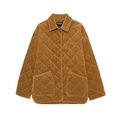 Brown corduroy quilted jacket featuring classic diamond stitching and dual front pockets - XS / Chocolate