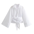 White long sleeve wrap shirt featuring a waist bow tie and wide flared cuffs - XS / White